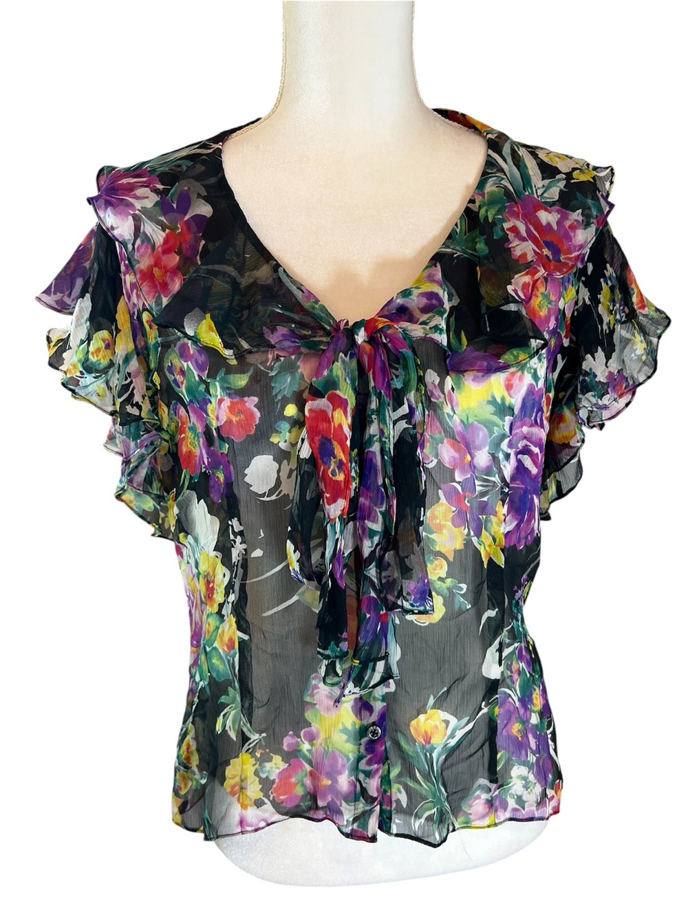Lauren Ralph Lauren Black Sheer Floral Tie-Neck Ruffle Sleeve Blouse